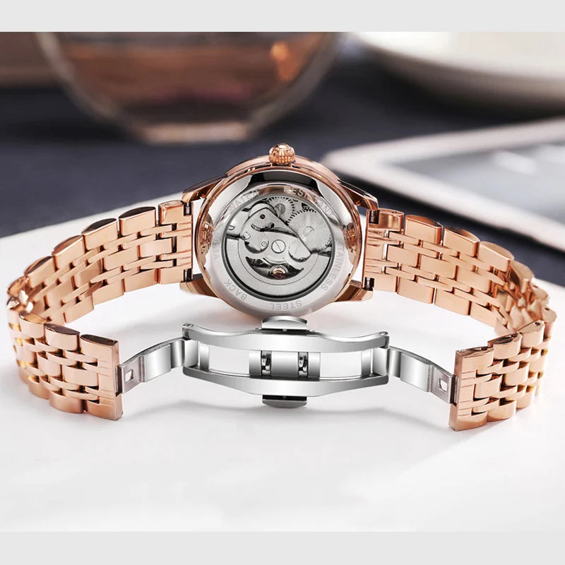 Butterfly Spinning Moon Phase Luminous Rose Gold Waterproof Watch