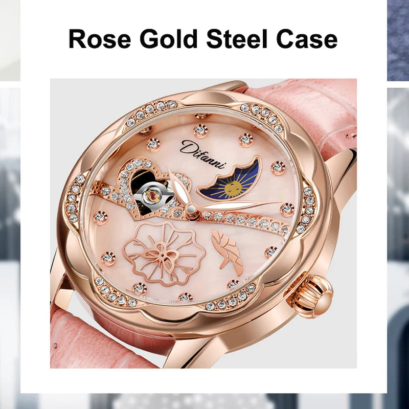 Butterfly Spinning Moon Phase Luminous Rose Gold Waterproof Watch