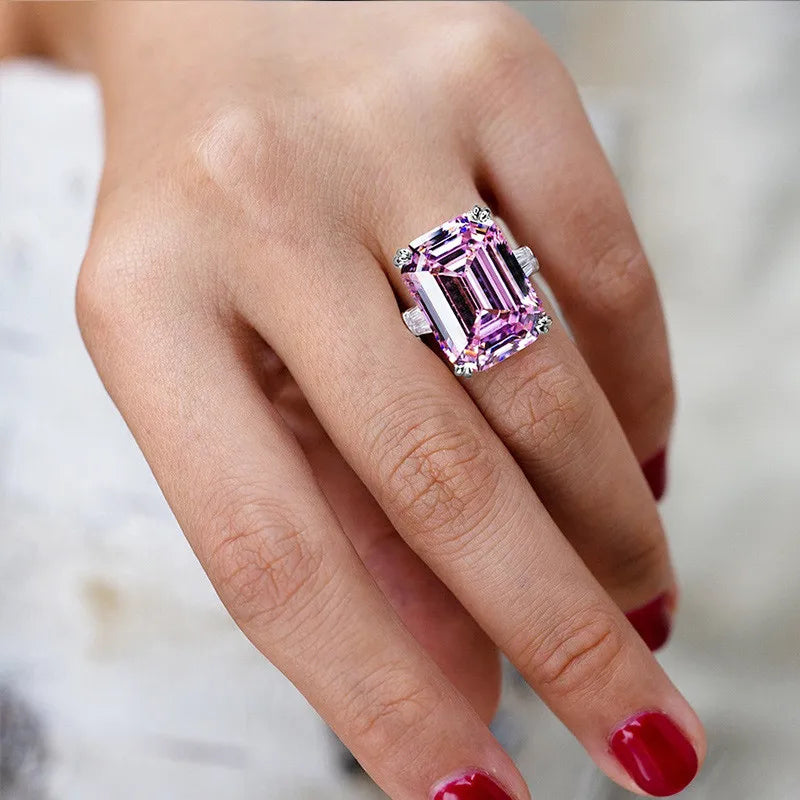 925 Sterling Silver Shiny Big Rectangle Zircon Women Rings